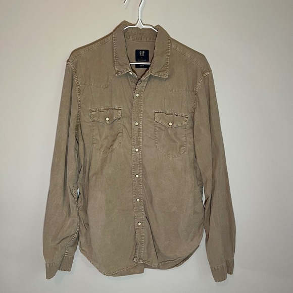 GAP Other - Gap Mens Pearl Snap Western Shirt Khaki Tan Slim Fit Cotton Large Lp